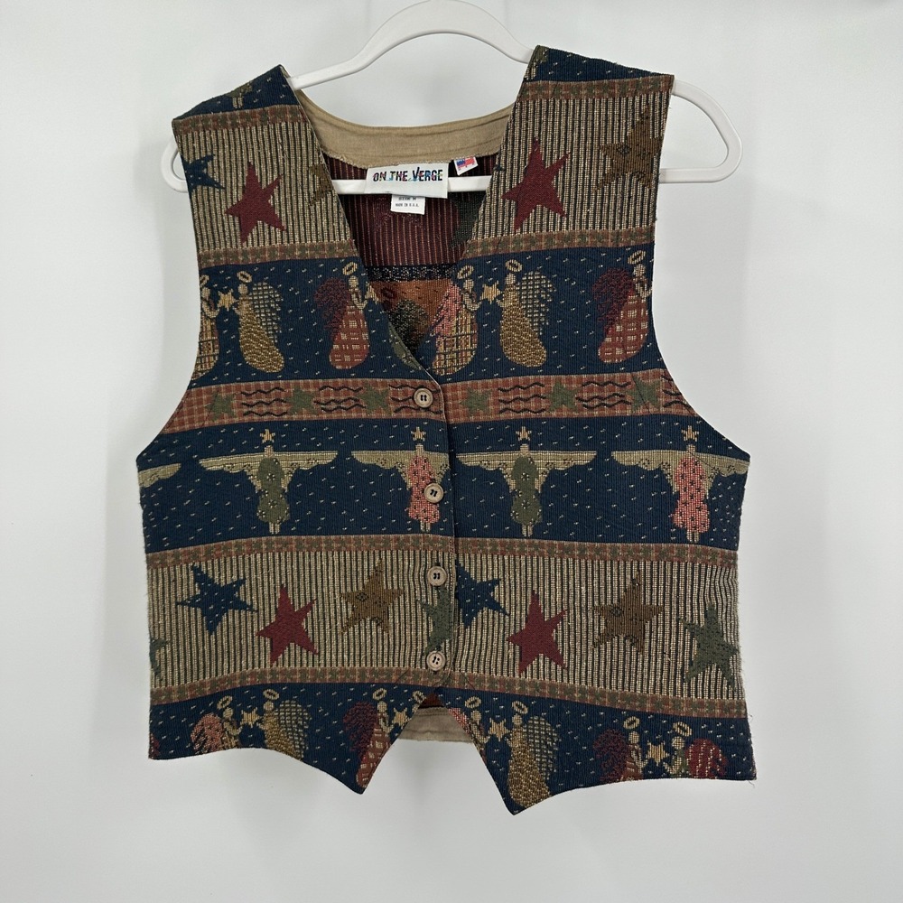 Womens Vintage Tapestry Vest Size M Americana Cottagecore Artsy Folk Boho Retro
